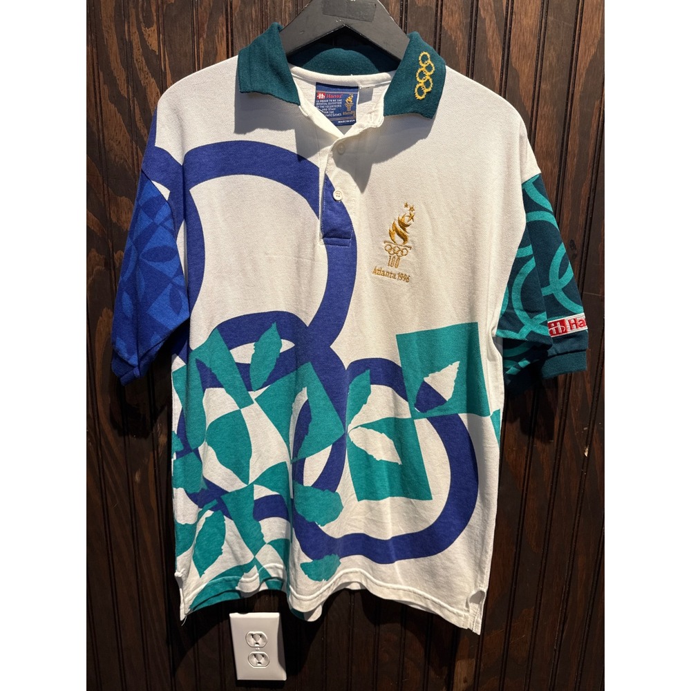 Vintage 1996 Atlanta Olympics Polo Shirt Hanes All Over Print White Teal XL